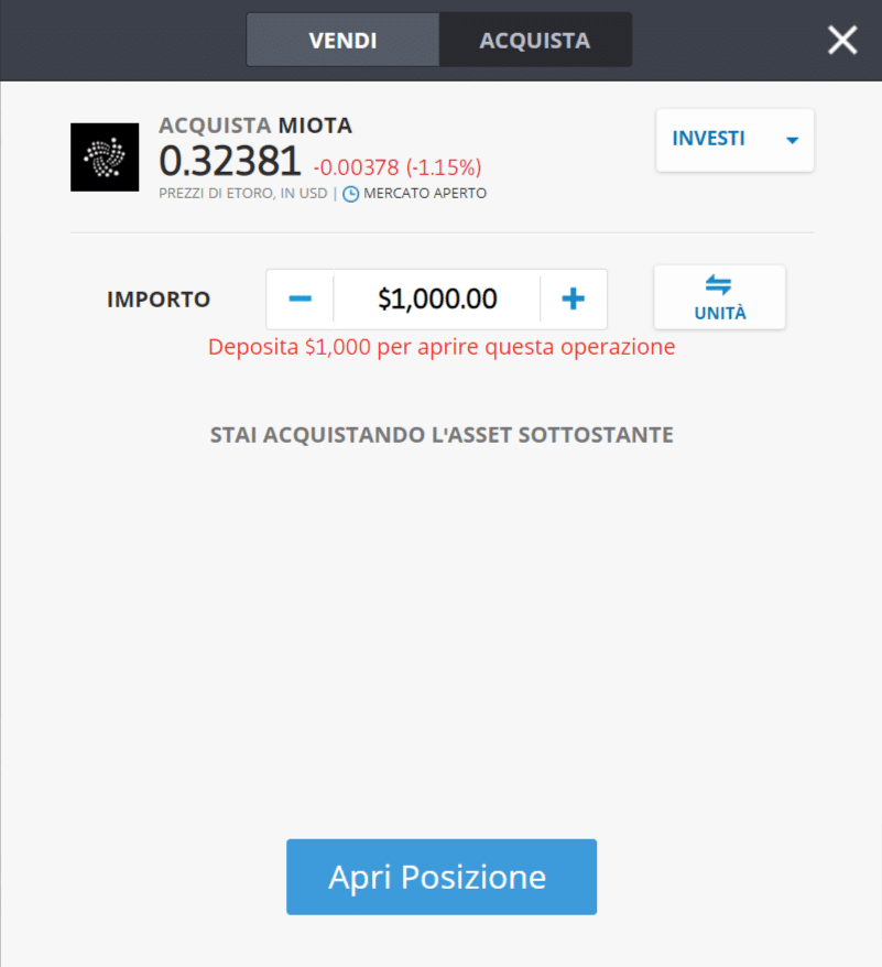 Schermata per l'acquisto di IOTA (MIOTA) sulla piattaforma di trading di eToro.