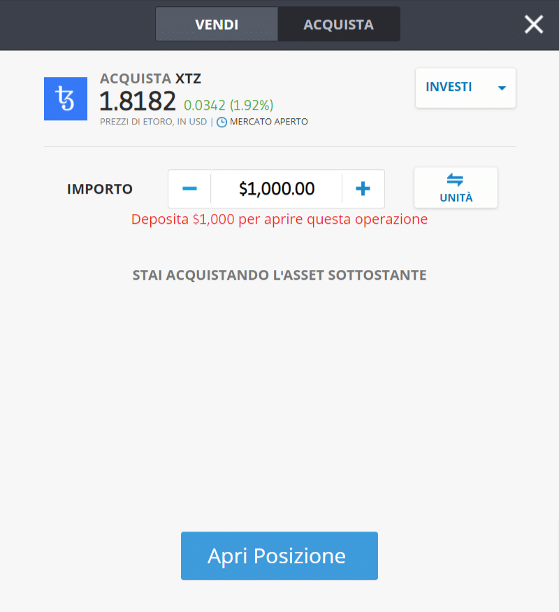 Screenshot della schermata per l'acquisto di Tezos (XTZ) sulla piattaforma di trading di eToro.