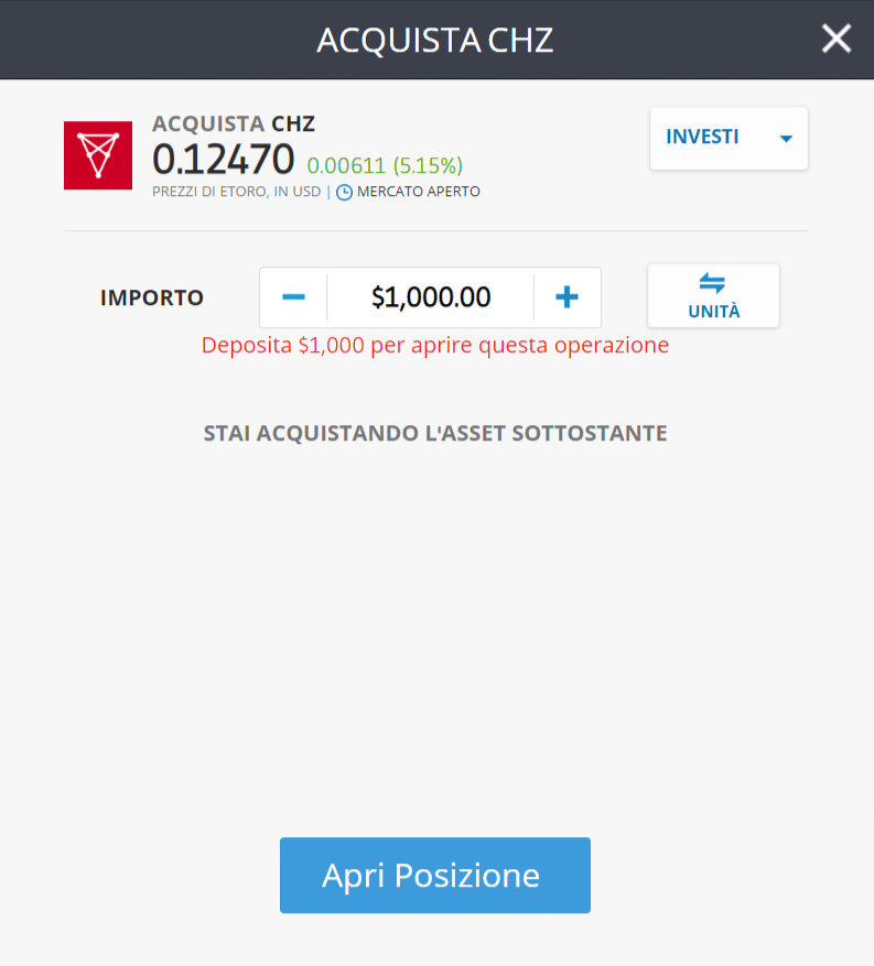 Screenshot della schermata per l'acquisto di Chiliz (CHZ) sulla piattaforma di trading di eToro.
