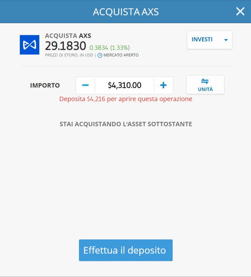 Screenshot della schermata per l'acquisto di Axie Infinity (AXS) sulla piattaforma di trading di eToro