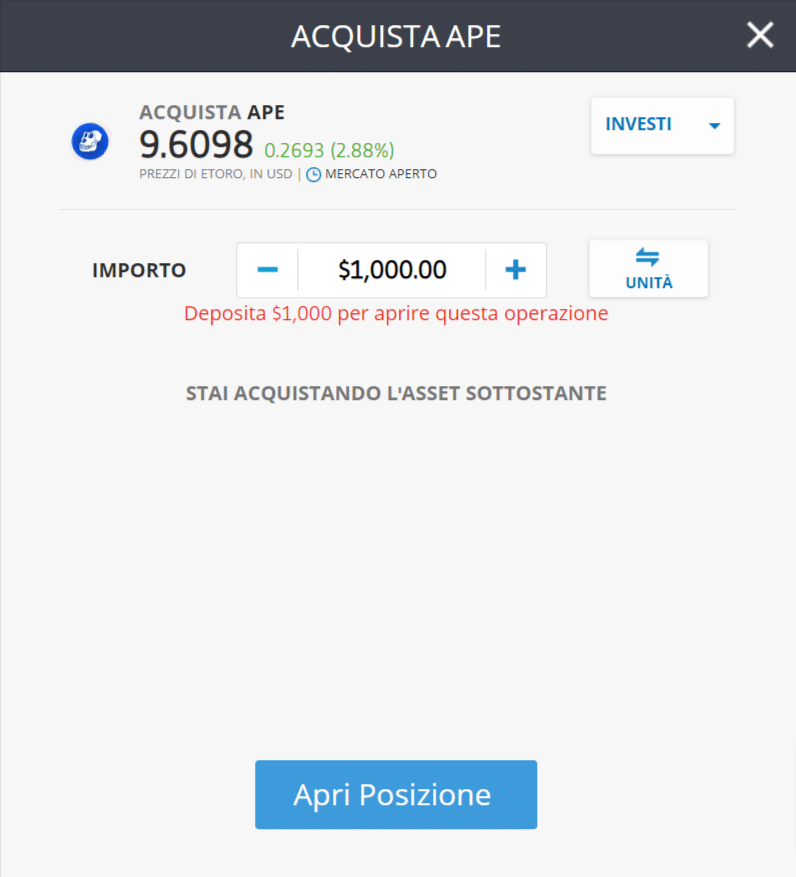 Schermata per l'acquisto di ApeCoin (APE) su eToro.