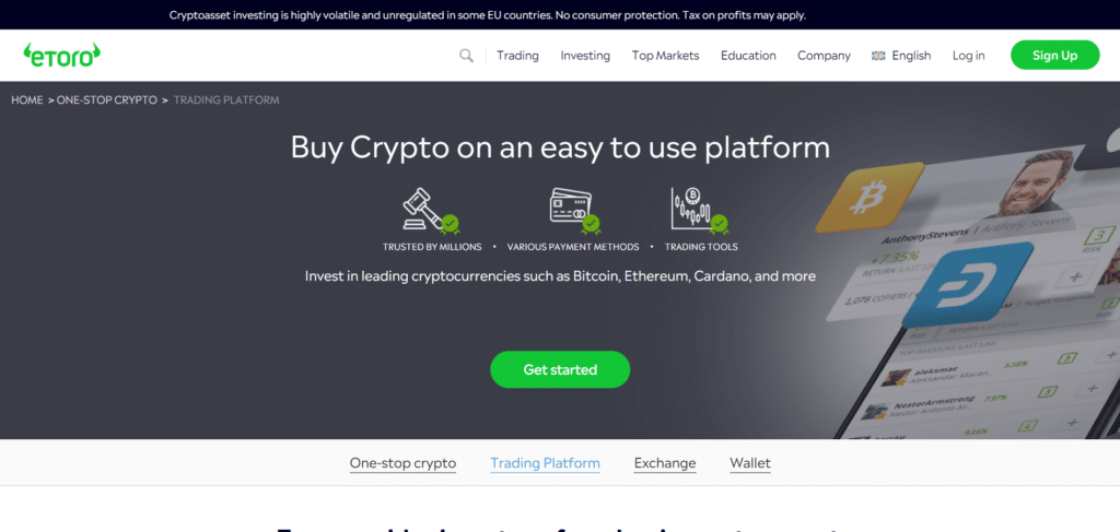 Immagina dal sito ufficiale di eToro che mostra quanto è semplice acquistare criptovalute.