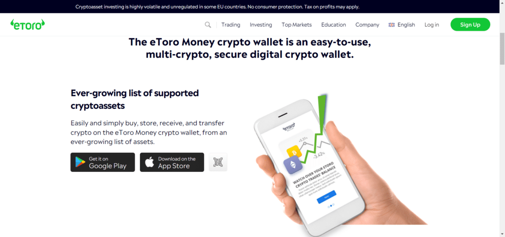 Immagine tratta dal sito ufficiale che mostra eToro Money, il wallet di eToro completamente dedicato alle criptovalute.