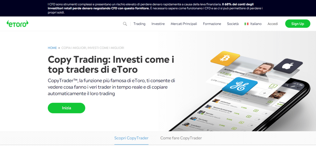 Immagine tratta dal sito ufficiale di eToro che mostra le funzionalità del Copytrading.