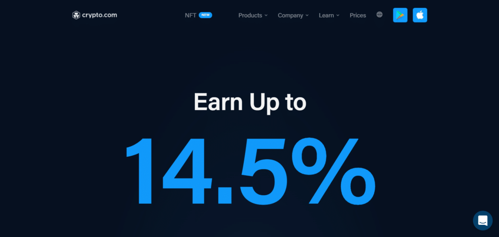 Immagine tratta dal sito ufficiale di Crypto.com che mostra come grazie a Crypto Earn è possibile guadagnare fino al 14,5% di interessi.