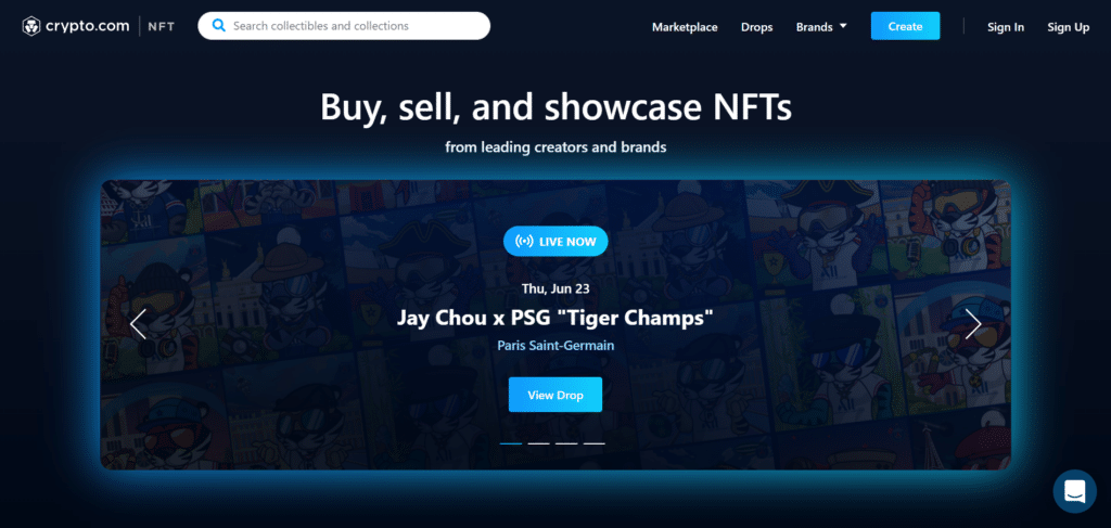 Immagine tratta dal sito ufficiale di Crypto.com che mostra il mercato NFT disponibile sulla piattaforma.
