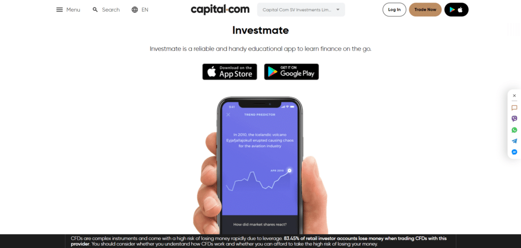 Immagine tratta dal sito ufficiale di Capital.com che mostra la popolare piattaforma educativa Investmate.