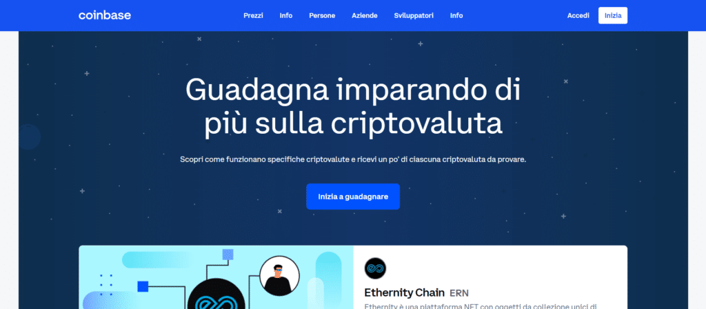 Immagine tratta dal sito ufficiale di Coinbase che mostra la possibilità di poter guadagnare imparando grazie a Coinbase Earn.