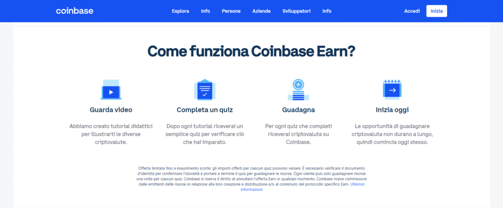 Immagine tratta dal sito ufficiale di Coinbase che mostra il funzionamento di Coinbase Earn.