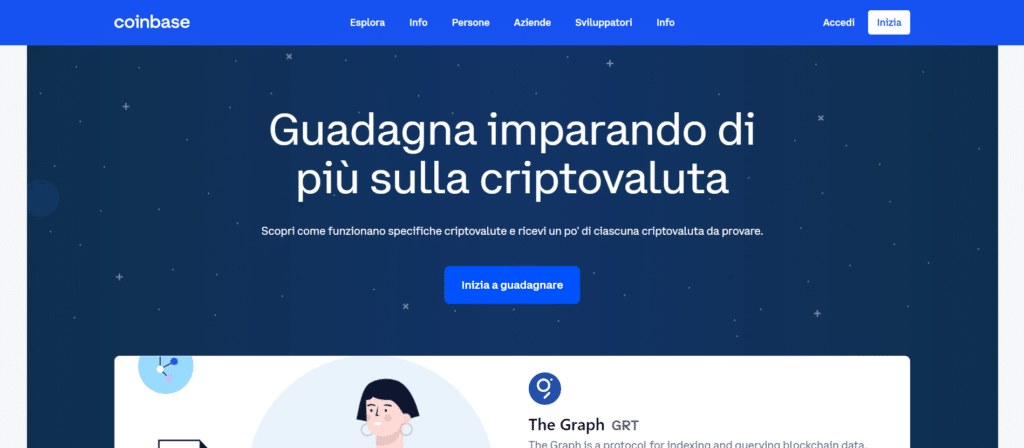 Immagine che mostra la possibilità di poter guadagnare criptovalute imparando grazie a Coinbase Earn