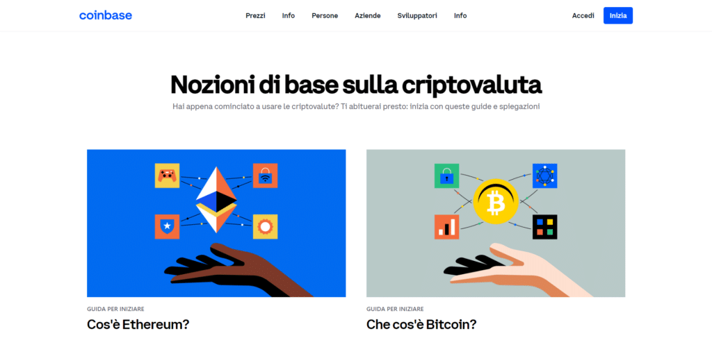 Immagine che mostra alcuni contenuti educativi presenti sulla piattaforma di Coinbase.