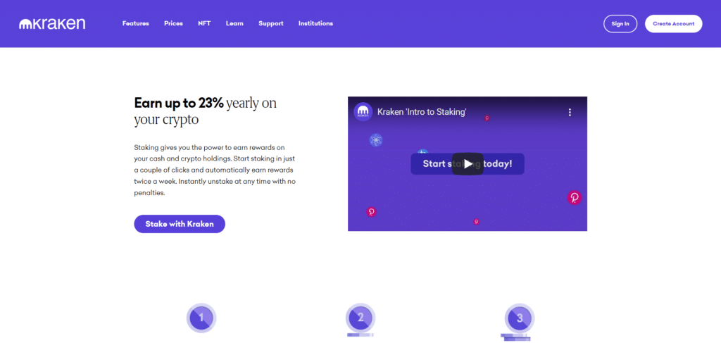 Immagine tratta dal sito ufficiale di kraken che mostra la possibilità di poter fare staking di criptovalute.