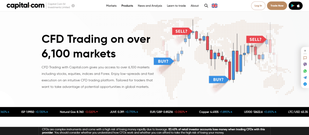 Immagine tratta dal sito ufficiale di Capital.com che mostra com'è possibile fare trading di CFD su più di 6100 mercati tramite la piattaforma