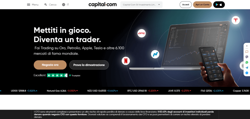 Homepage principale della piattaforma di Capital.com