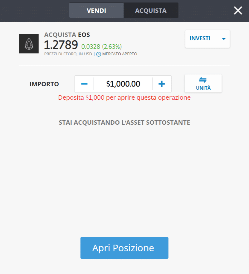 Screenshot della schermata per l'acquisto di Eos (EOS) su eToro.