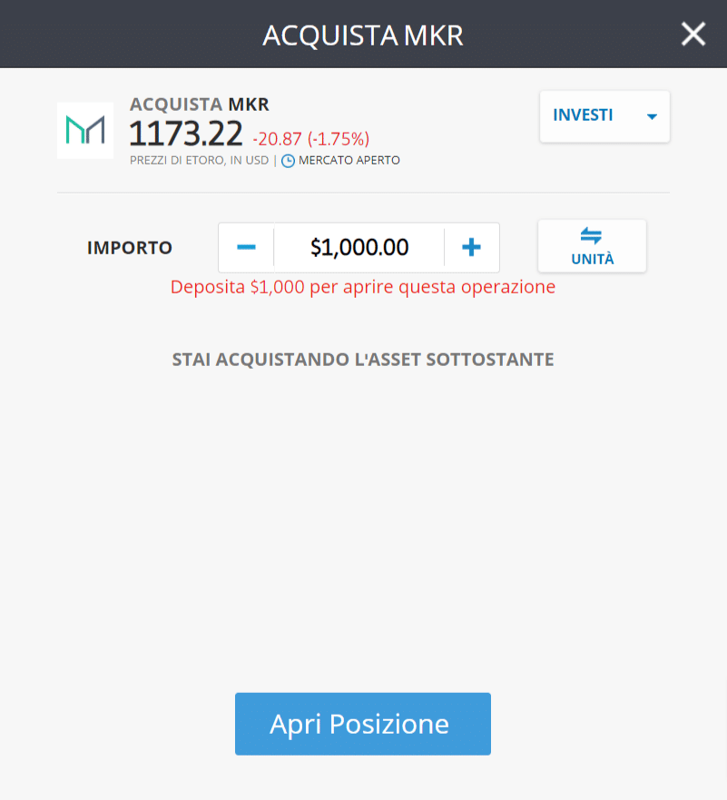 Screenshot della schermata per l'acquisto di Maker (MKR) sulla piattaforma di trading di eToro.