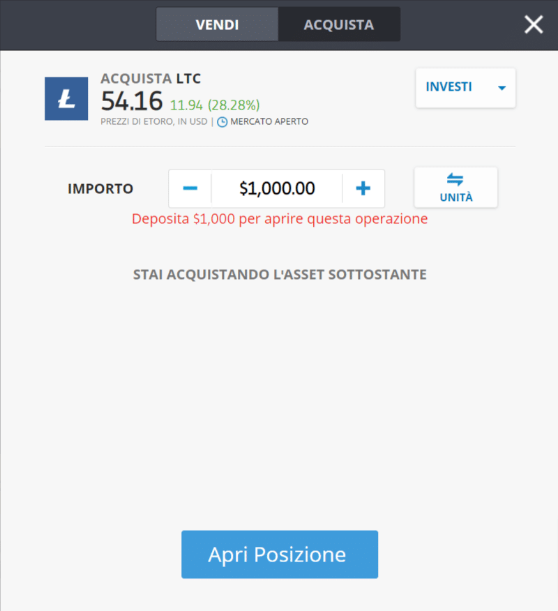 Screenshot della schermata per l'acquisto di Litecoin (LTC) su eToro.