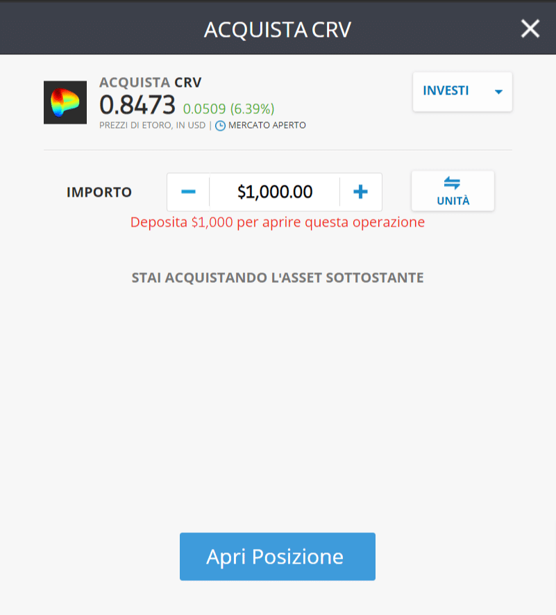 Screenshot della schermata di acquisto di Curve (CRV) sulla piattaforma di trading di eToro.