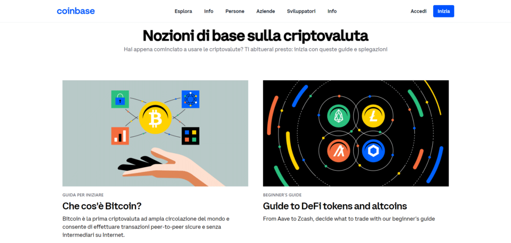 Immagine che mostra la sezione educativa di Coinbase