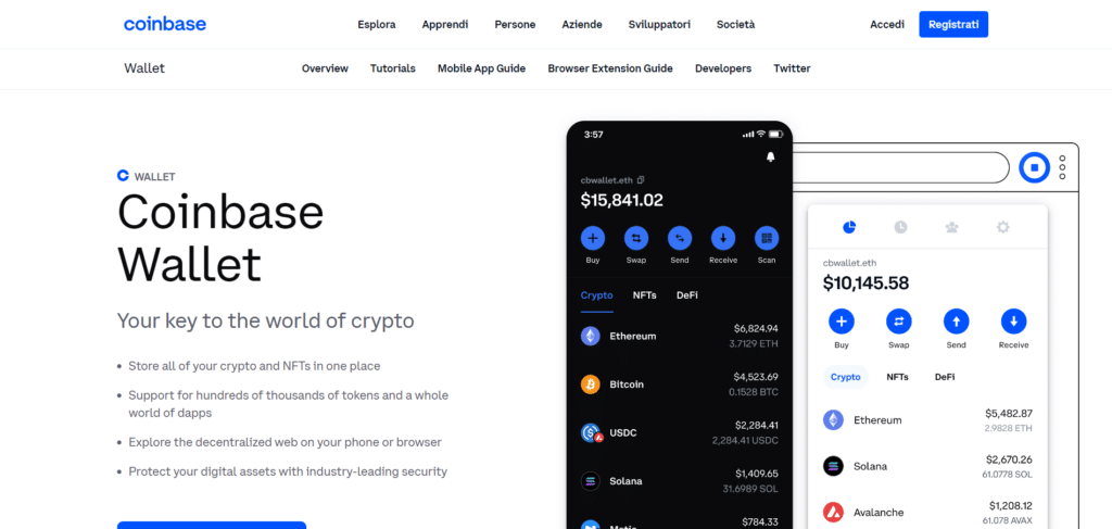 Immagine che mostra che Coinbase offre un wallet virtuale per le criptovalute gratuito.