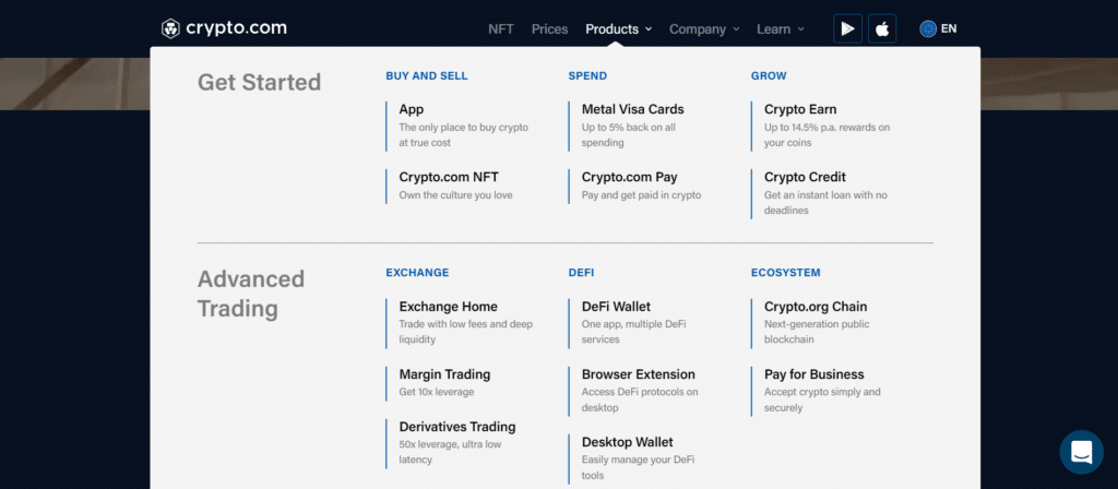 Immagine che mostra i diversi prodotti dedicati alle criptovalute offerti da Crypto.com