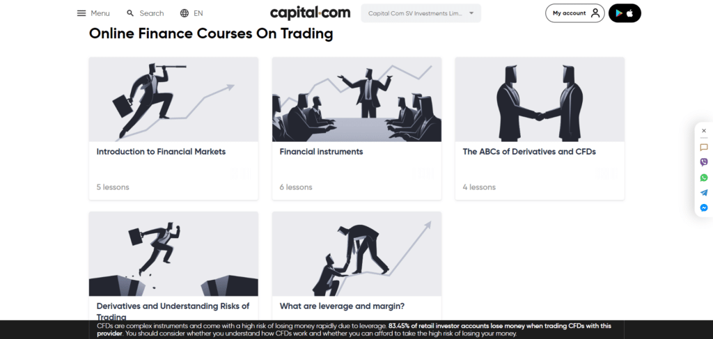 Immagine che mostra alcuni dei contenuti educativi presenti su Capital.com