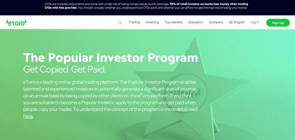 Immagine che mostra il programma di Popular Investor di eToro.