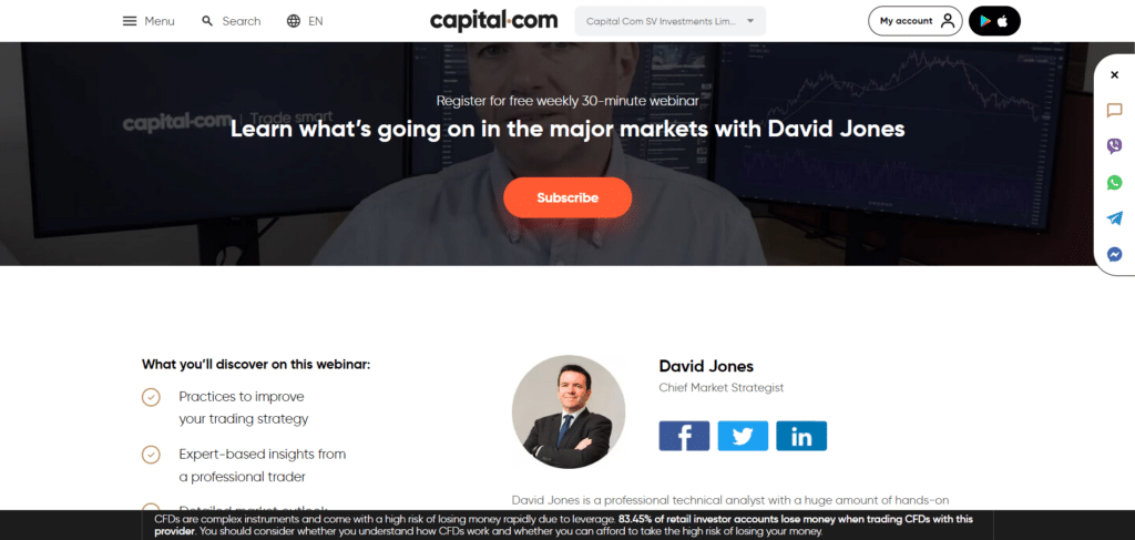 Immagine che mostra la possibilità su Capital.com di seguire webinar gratuiti con esperti di mercato.