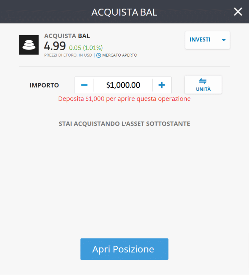 Screenshot della schermata per l'acquisto di Balancer (BAL) su eToro.