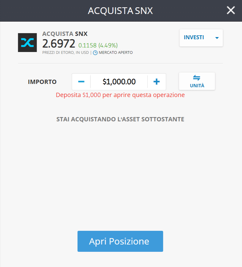 Screenshot della schermata per l'acquisto di Synthetix (SNX) sulla piattaforma di trading di eToro