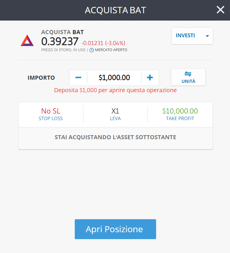 Screenshot della schermata di acquisto di Basic Attention Token (BAT) su eToro.