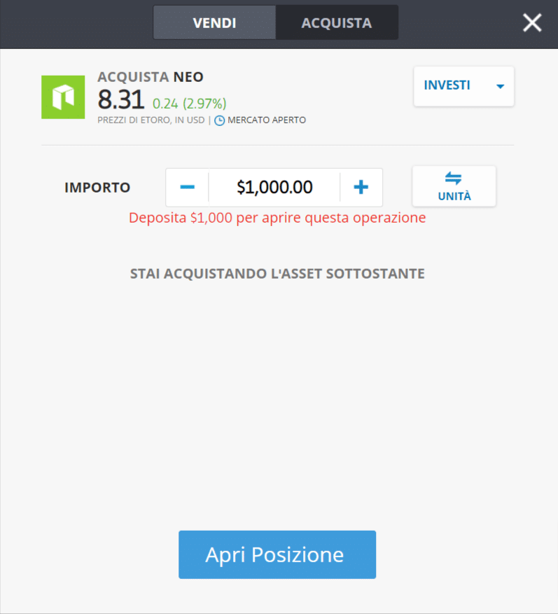 Screenshot della schermata per l'acquisto di Neo (NEO) sulla piattaforma di trading di eToro.