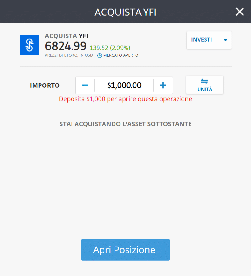 Screenshot della schermata di acquisto di Yearn Finance (YFI) su eToro.