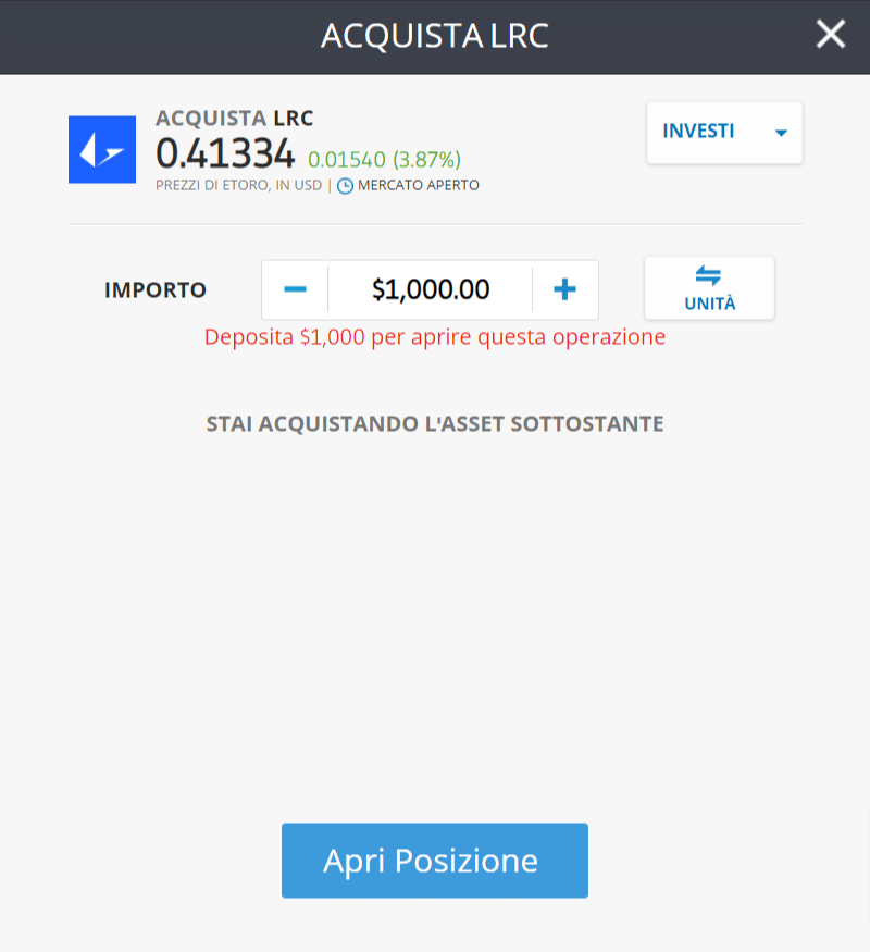 Screenshot della schermata per l'acquisto di Loopring (LRC) su eToro.