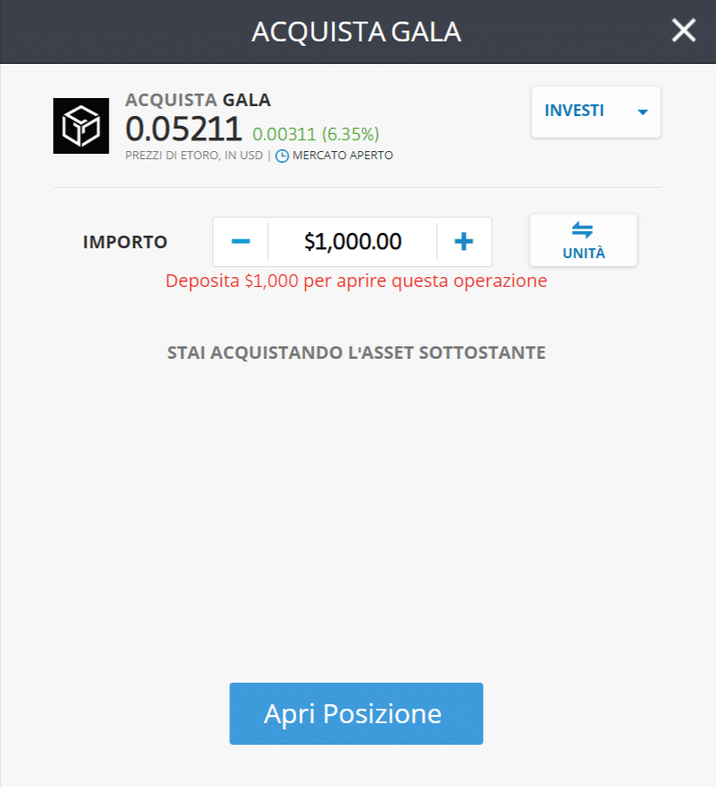 Screenshot della schermata per l'acquisto di Gala (GALA) su eToro