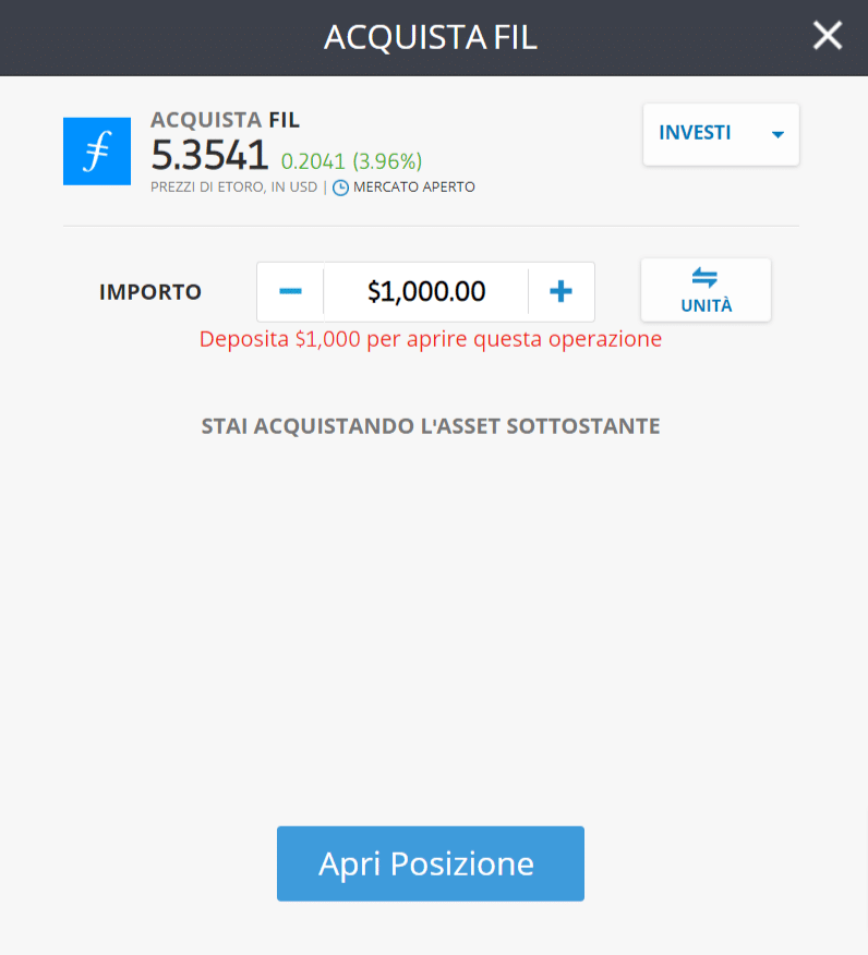 Screenshot della schermata di acquisto di Filecoin (FIL) su eToro.