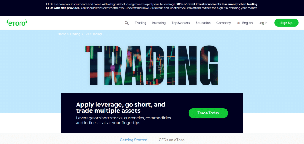 Immagine che mostra la possibilità di fare trading di CFD sulla piattaforma di trading di eToro