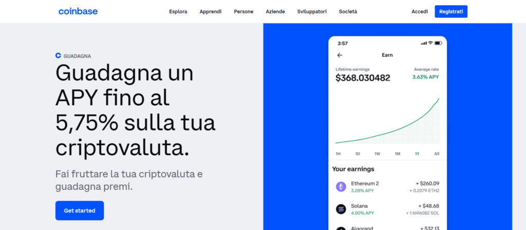 Coinbase offre ai propri utenti la possibilità di guadagnare interessi passivi sulle proprie criptovalute.