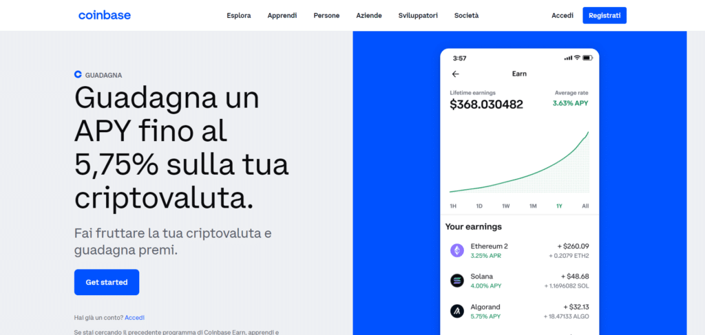 Immagine che mostra la possibilità di guadagnare fino al 5,75% di interessi sulle proprio criptovalute grazie a Coinbase Earn