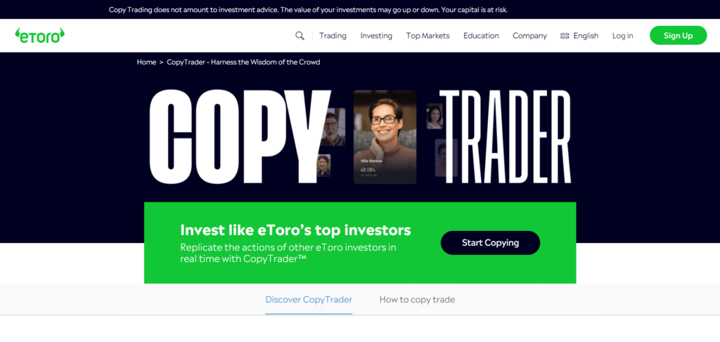 Immagina tratta dal sito ufficiale di eToro che mostra il CopyTrading.