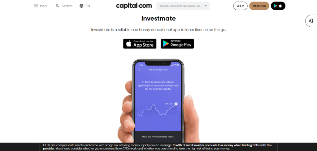 Immagine tratta dal sito ufficiale di Capital.com che mostra "Investmate", l'app educativa di Capital.com