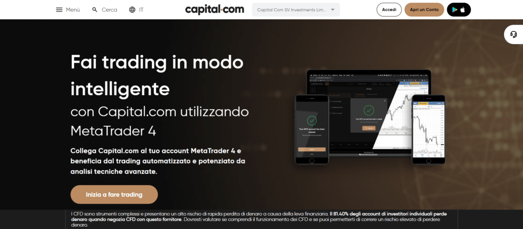 Immagine che mostra la possibilità di poter utilizzare la piattaforma di trading MetaTrader 4 con il proprio account di Capital.com