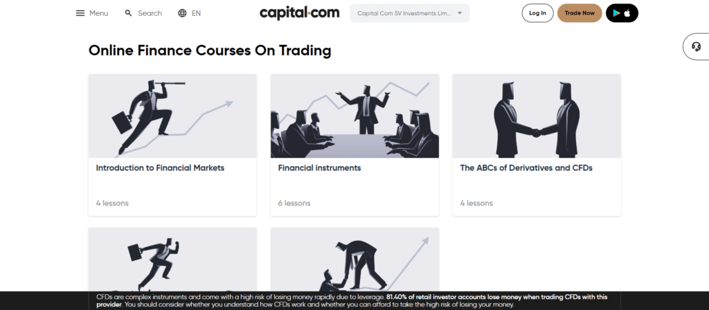 Immagine che mostra alcuni dei corsi di trading gratuiti offerti dalla piattaforma di trading di Capital.com.
