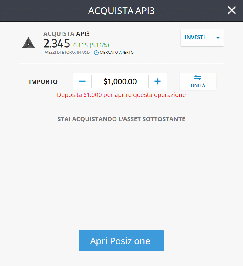 Screenshot della schermata per l'acquisto di Api3 (API3) su eToro.