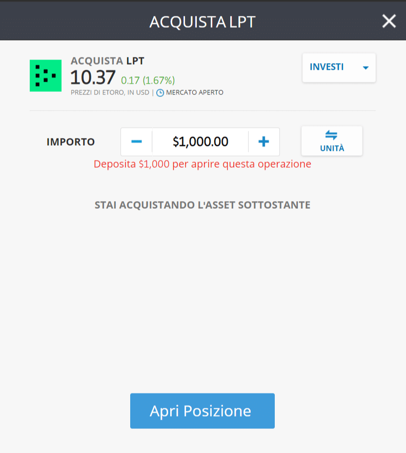 Screenshot della schermata per l'acquisto di Livepeer (LPT) sulla piattaforma di trading di eToro.