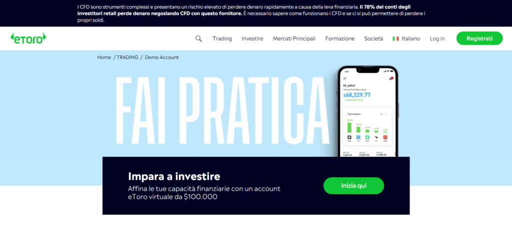 Immagine che mostra il conto demo completamente gratuito offerto da eToro.