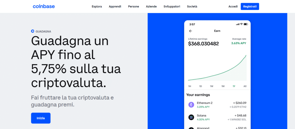 Immagine che mostra la possibilità di poter guadagnare interessi passivi sulle proprie criptovalute grazie a Coinbase Earn.