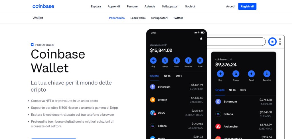 Immagine che mostra il wallet virtuale per le criptovalute offerto da Coinbase.