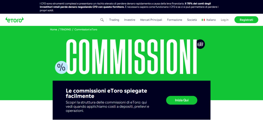 Immagine che mostra quanto siano vantaggiose le commissioni per il trading di criptovalute della piattaforma di eToro.