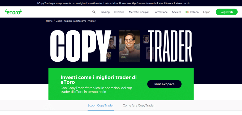 Immagina che mostra il Copytrading offerto dalla piattaforma di eToro.